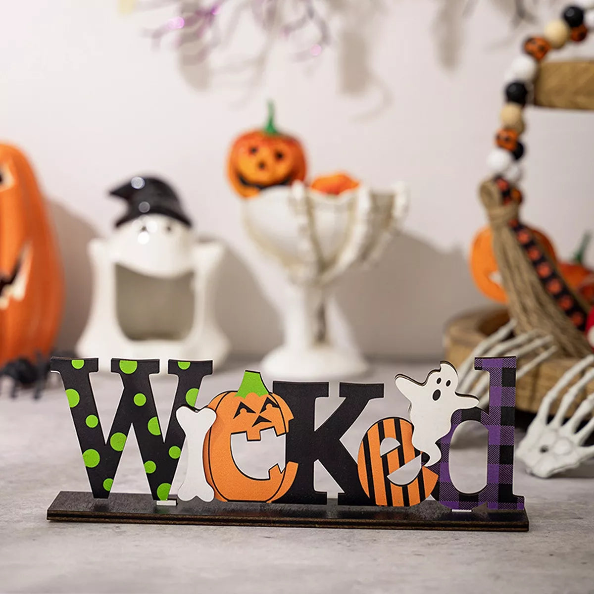 Set of Halloween spooky wooden signs decorative objects with wicked designs, perfect for Halloween decor.
