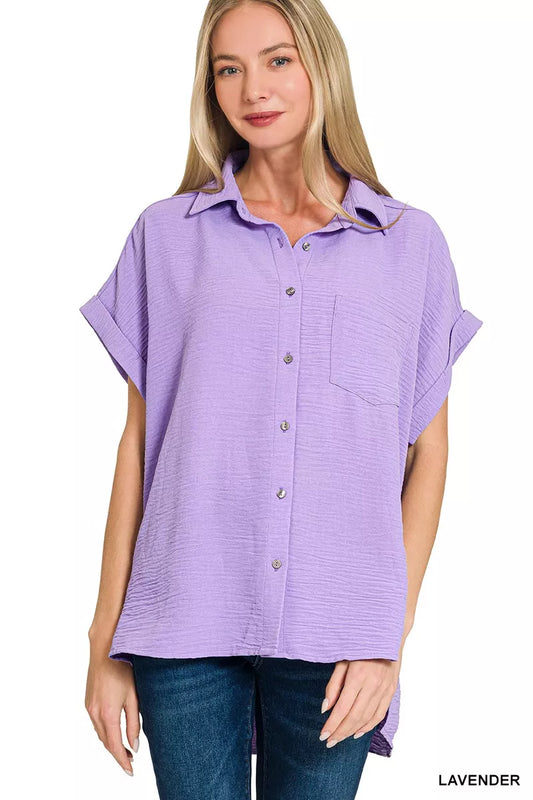 Woven airflow button-down shirt by Zenana featuring a relaxed fit and breathable fabric, ideal for casual wear.