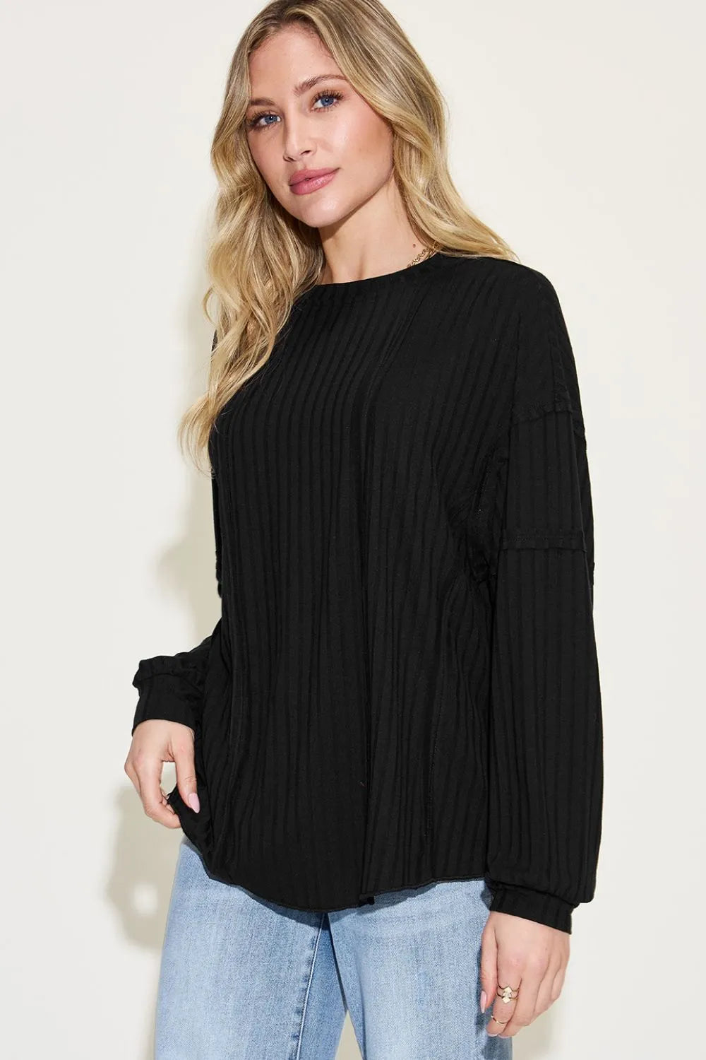Basic Bae ribbed round neck long sleeve T-shirt by Trendsi, featuring a full-size fit and classic design in soft fabric.