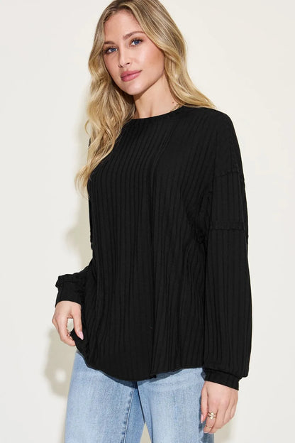 Basic Bae ribbed round neck long sleeve T-shirt by Trendsi, featuring a full-size fit and classic design in soft fabric.