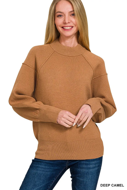 Zenana Viscose mock neck exposed seam sweater featuring a stylish design and exposed seams, perfect for casual or layered outfits.