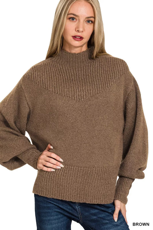 Pink Zenana balloon sleeve mock neck sweater with ribbed cuffs and hem, featuring a cozy, stylish fit.