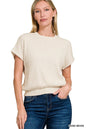 Zenana short sleeve sweater with round neckline and banded bottom, in a stylish design, showcased in a trendy color.