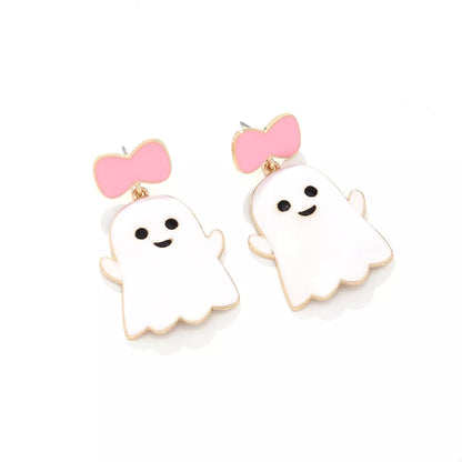 Halloween ghost dangle earrings with bow, trendy jewelry featuring spooky ghost charms and decorative bows for festive style.