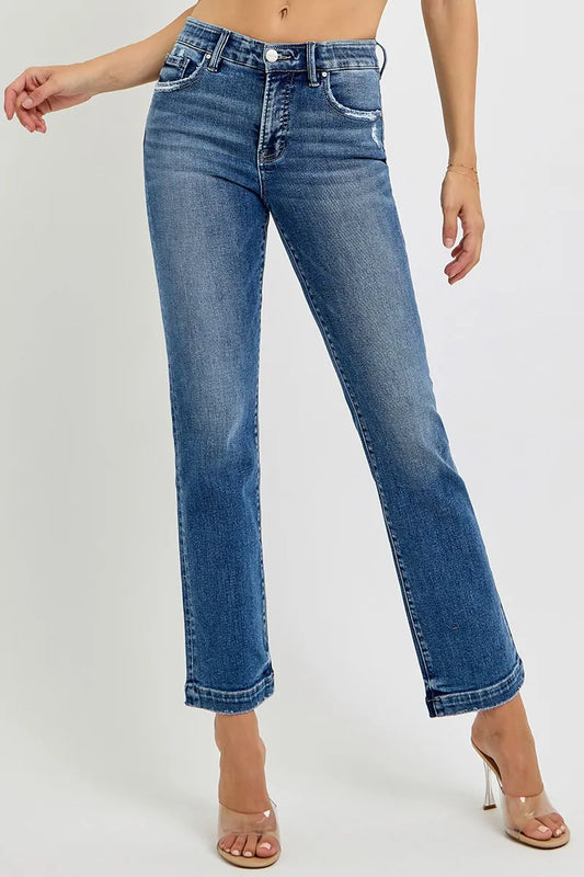 Plus size RISEN straight jeans with tummy control elastic band and mid-rise fit from Trendsi, shown in dark denim.