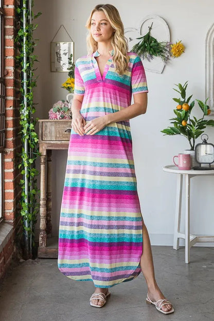 Heimish plus size striped short sleeve maxi tee dress with a relaxed fit and bold horizontal stripes, perfect for casual wear.