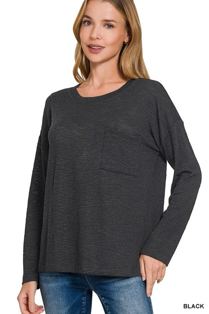 Zenana Slub Hacci long sleeve T-shirt in soft fabric, featuring a relaxed fit and subtle textured pattern.