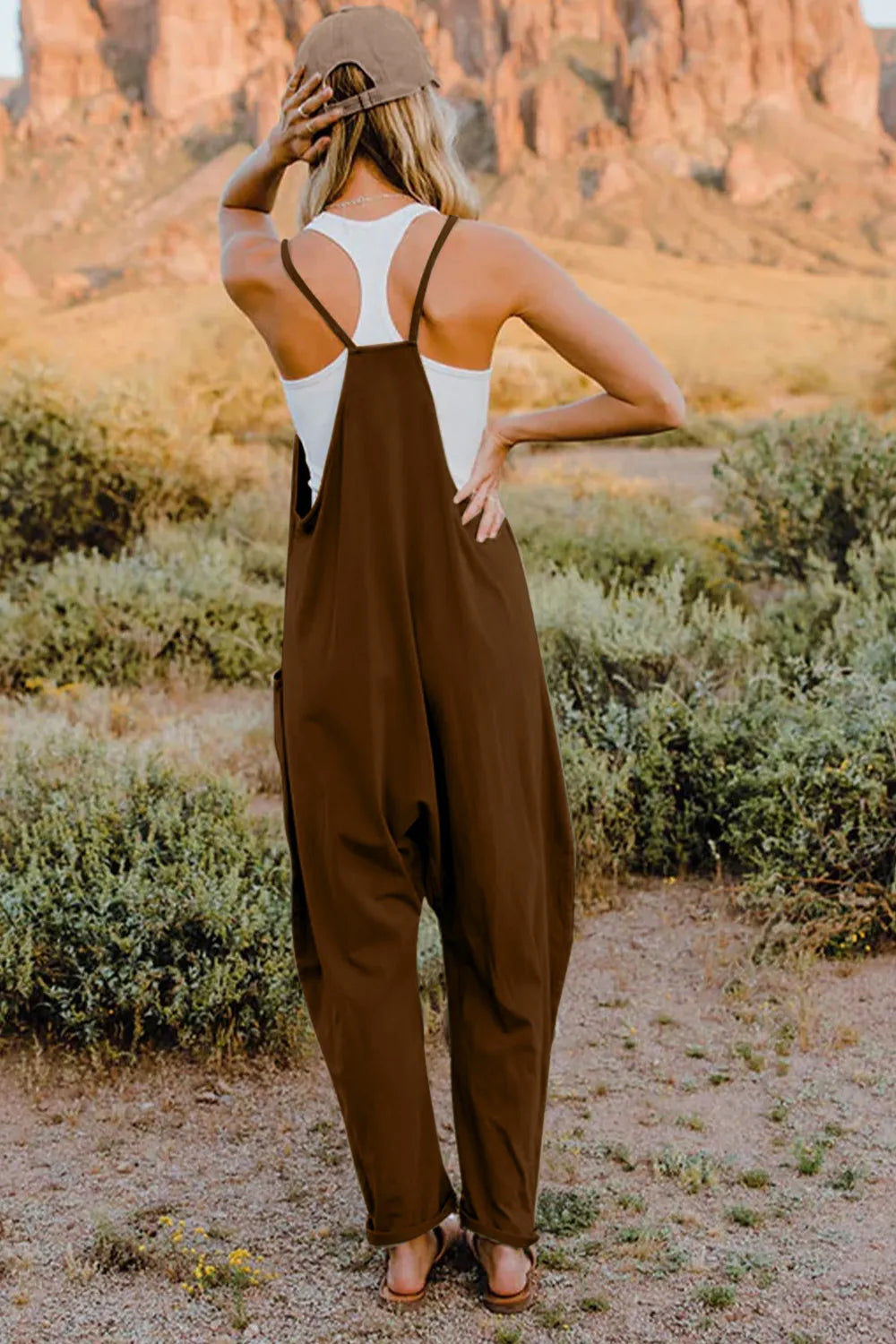 Trendsi Double Take full-size sleeveless jumpsuit with V-neck and pockets, showcasing a stylish and comfortable women’s jumpsuit.