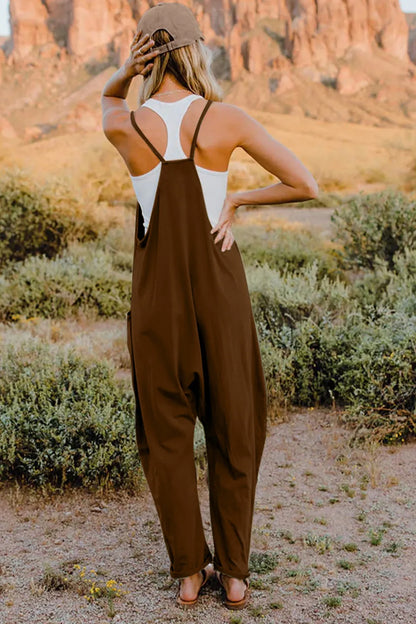 Trendsi Double Take full-size sleeveless jumpsuit with V-neck and pockets, showcasing a stylish and comfortable women’s jumpsuit.
