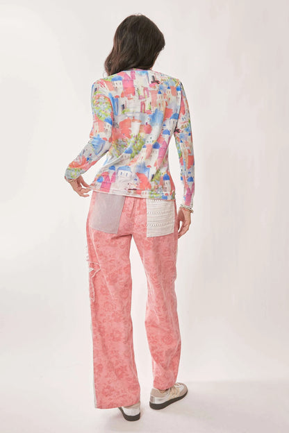 Davi & Dani multi printed mesh long sleeve round neck top with vibrant patterns, stylish and lightweight for casual wear
