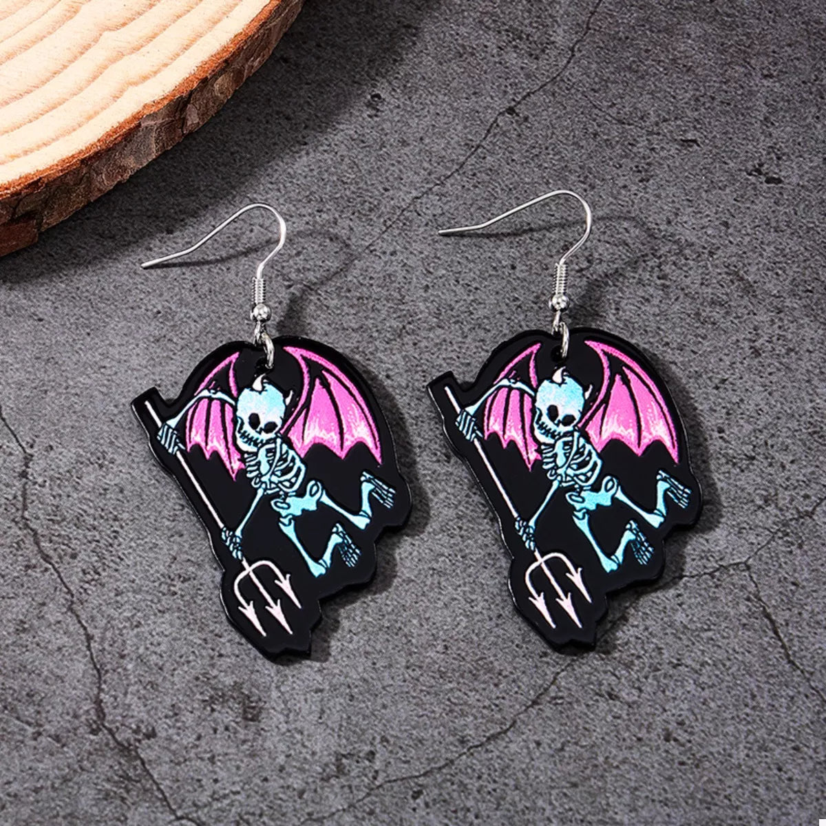 Halloween spooky skeleton devil wing dangle earrings featuring skeletal and devil wing design, perfect for spooky Halloween accessories.