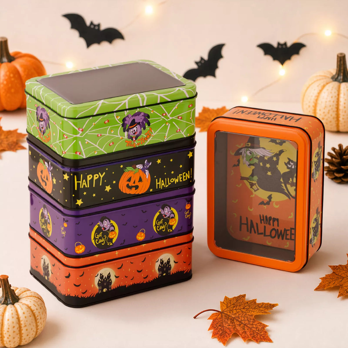 Decorative Halloween metal storage box with window display, featuring spooky-themed design and sturdy construction by Trendsi.