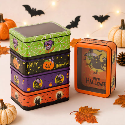 Decorative Halloween metal storage box with window display, featuring spooky-themed design and sturdy construction by Trendsi.