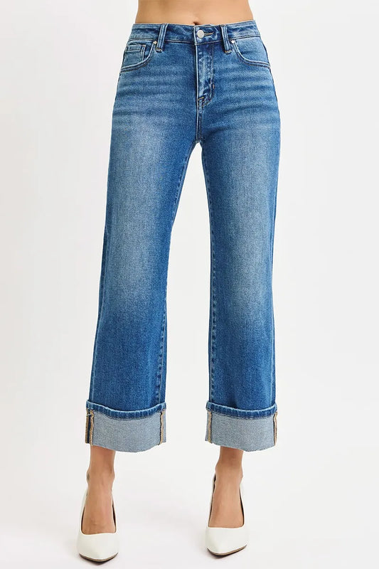 Plus size RISEN mid-rise crop straight cuffed jeans by Trendsi, showing the full length and cuffed hem on a model.