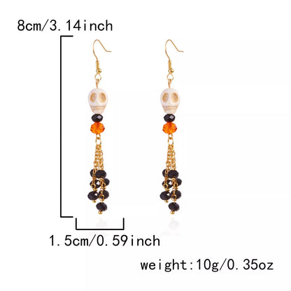Halloween Skull Beaded Drop Earrings by Trendsi featuring black beads and spooky skull charms hanging from silver hooks.