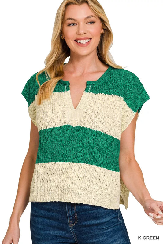 Zenana sleeveless stripe sweater with split neckline, featuring a casual design and colorful horizontal stripes.