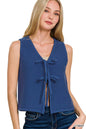 Tan Zenana tie front sweater vest with ribbed hem and V-neck design, styled with a white shirt underneath.