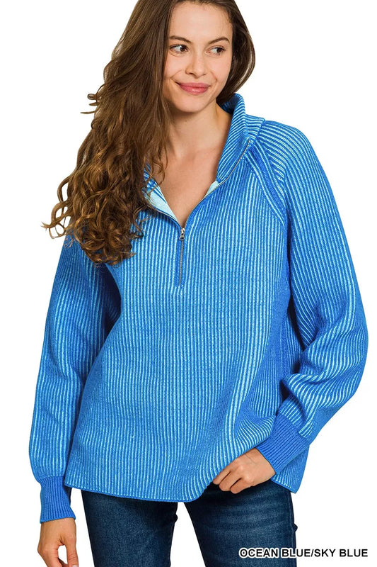 Zenana ribbed two-tone half zip sweater in neutral colors, showcasing the textured knit and stylish collar detail.