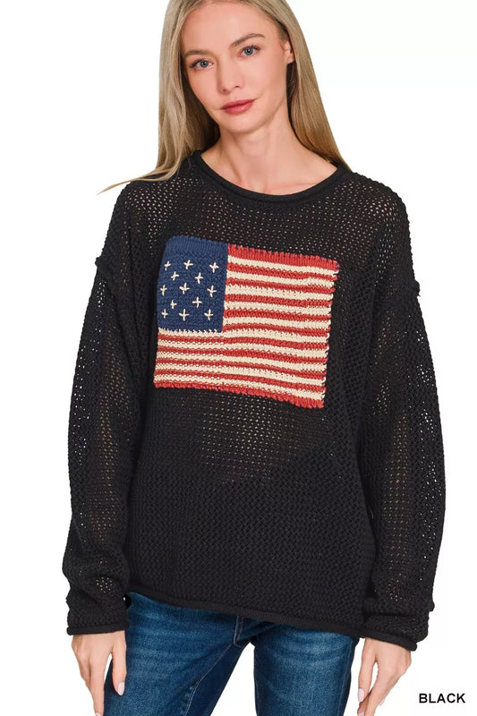 American flag print crew neck sweater by Zenana, featuring a stylish design with bold flag graphics on soft fabric.