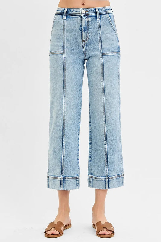 Plus size RISEN high rise crop wide jeans with front seam detail, showcasing a stylish, modern denim look from Trendsi.