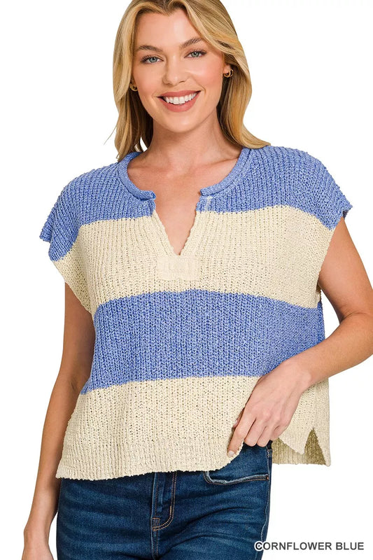 Zenana sleeveless stripe sweater with split neck design, featuring a casual fit and multicolor horizontal stripes.