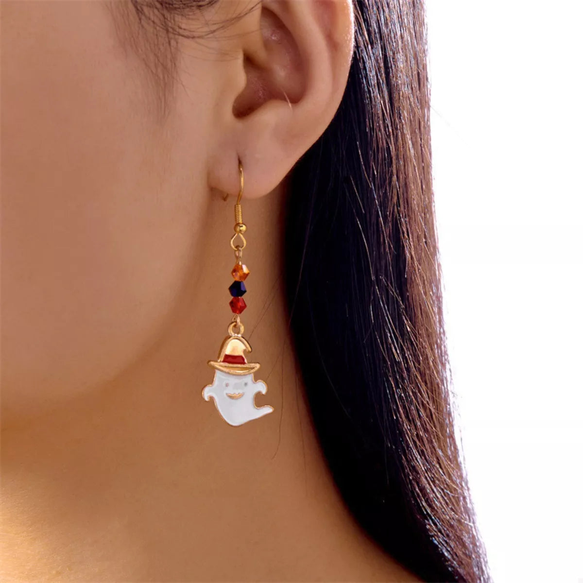 Halloween Ghost Pumpkin Drop Earrings featuring spooky ghost and pumpkin charms, perfect for festive Halloween accessories.