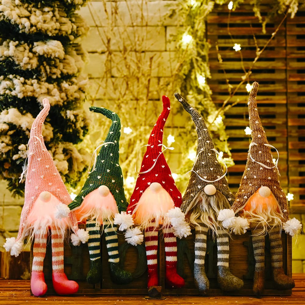 Faceless gnome with long legs and light-up features, designed by Trendsi, standing with a whimsical appearance and illuminated accents.
