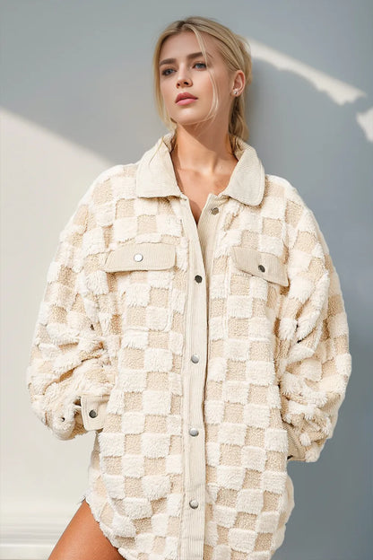 Double Take button-up fuzzy checkered shacket by Trendsi, featuring a cozy, stylish plaid design with a button-front closure.