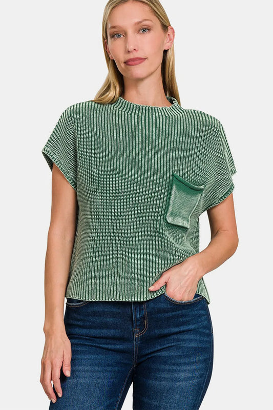 Trendy Zenana washed mock neck short sleeve cropped sweater in soft fabric, shown in a casual fit with a neutral color.