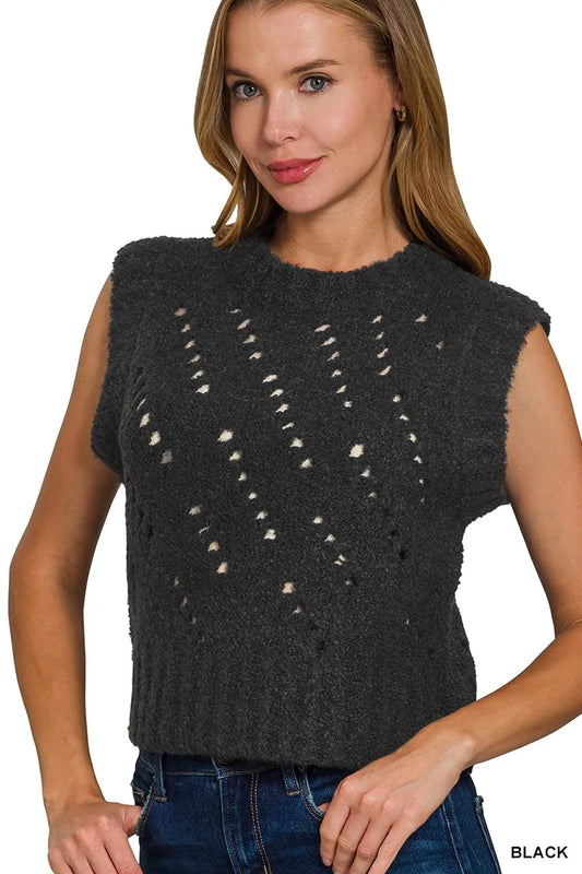 Openwork textured wool sweater vest by Trendsi, featuring a stylish open-knit pattern and cozy fit, perfect for layered outfits.