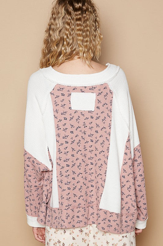 POL Waffle Knit Floral Notched Long Sleeve Top