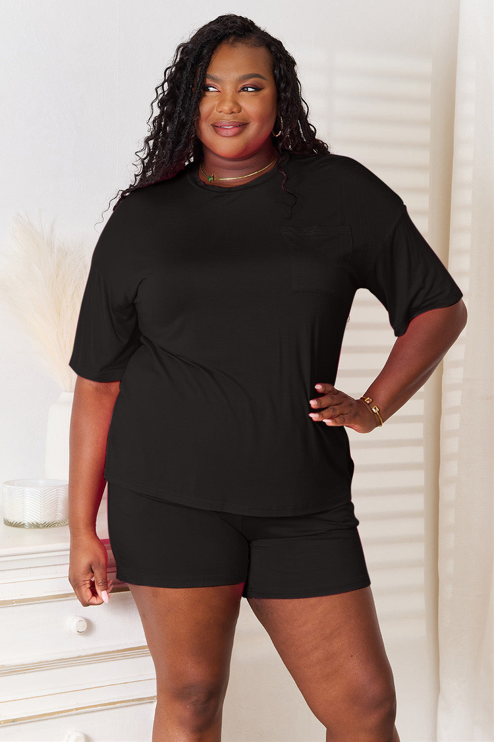 Soft rayon half sleeve top and shorts set by Trendsi, featuring a comfortable, casual style in a basic Bae design.