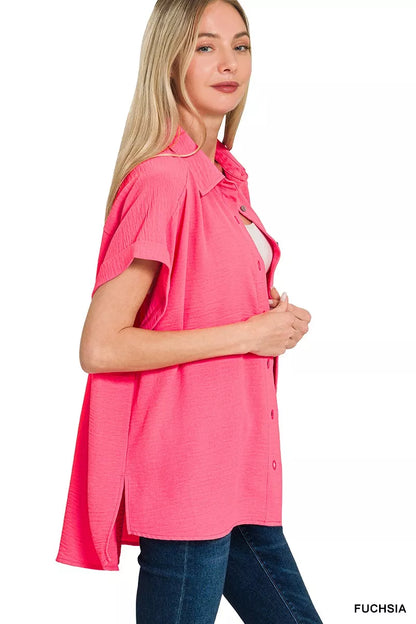 Zenana woven airflow button-down shirt in soft fabric, featuring a relaxed fit and classic collar, displayed on a neutral background.