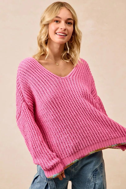BiBi V-Neck Sweater by Trendsi with colorful trim, featuring a close-up of the soft knit fabric and vibrant neckline details.