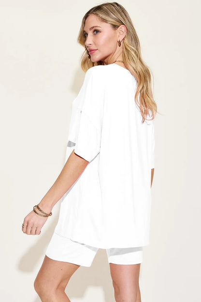 Trendsi Basic Bae Bamboo full-size V-neck drop shoulder T-shirt and shorts set, natural fabric, casual loungewear style.