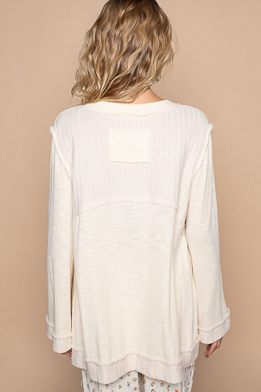 POL Embroidered Round Neck Long Sleeve Knit Top