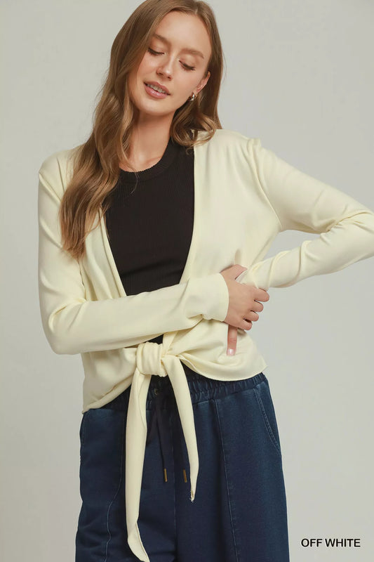 Long sleeve wrap cardigan made of cotton and viscose by Umgee, featuring a stylish, cozy design and soft fabric.