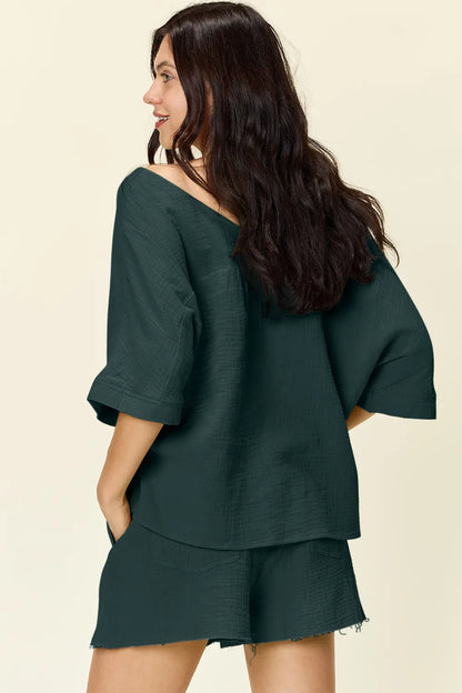 Trendsi Double Take Texture half-sleeve T-shirt and drawstring shorts set, casual loungewear with textured fabric and relaxed fit.