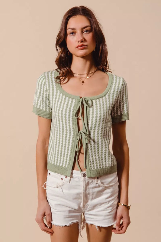 Trendsi SO ME knit cardigan with tie front, textured vertical stripe pattern, long sleeves, and relaxed fit, perfect for casual wear.