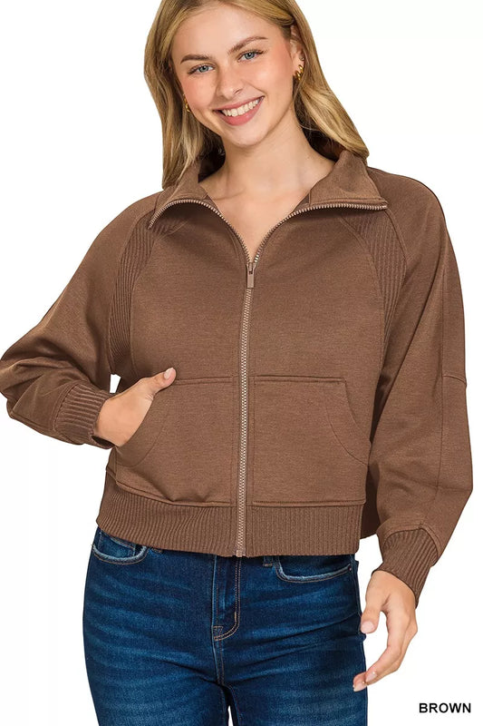 Zenana scuba full zip cropped jacket with pockets, black stylish outerwear designed for casual wear and layering.