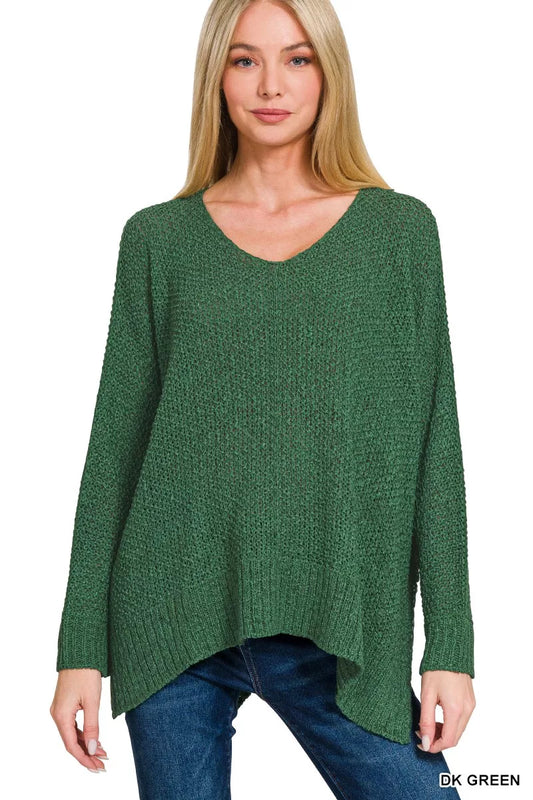 Zenana Dolman Sleeve V-Neck Sweater in soft knit with relaxed fit and V-neck, perfect for casual or layered outfits.