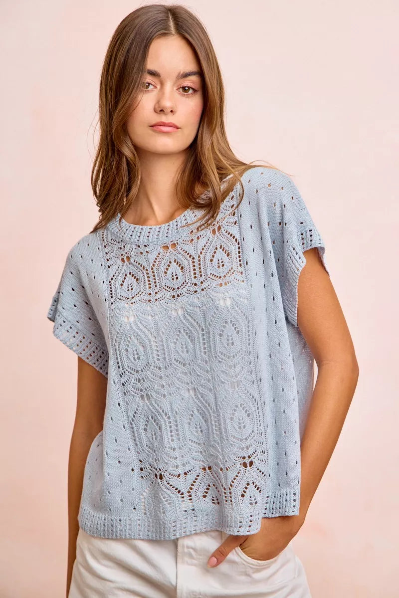 Light blue BiBi Washed Eyelet Short Sleeve Knit Top from Trendsi, featuring breathable fabric and eyelet details.
