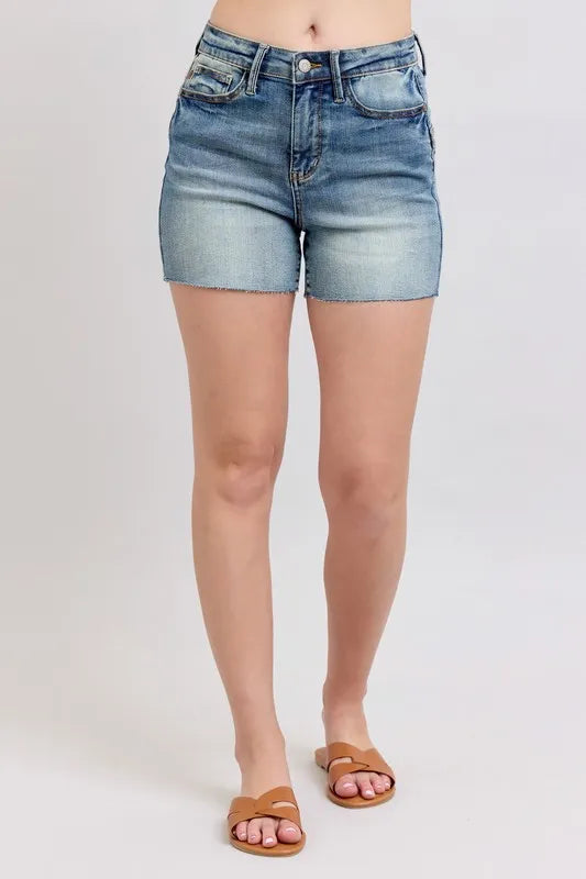 Plus size Judy Blue high waist denim shorts with star seam detail, showcasing a stylish, trendy fit and fashionable design.