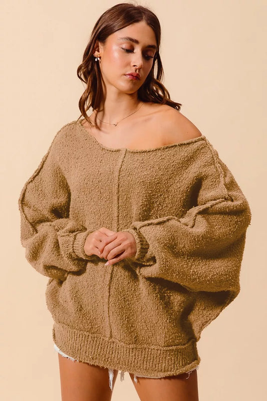 Loose fit SO ME boucle sweater with exposed seams, slouchy style, in a cozy, textured knit from Trendsi.