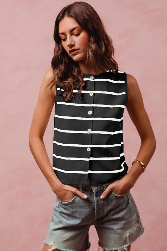 Trendsi SO ME sleeveless sweater top with button front, stripe pattern, and fine knit fabric, styled on a model.