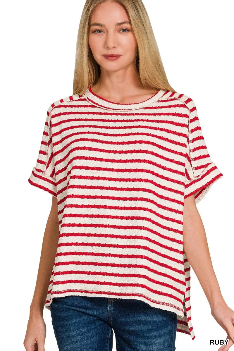 Stripe Jacquard round-neck tee from Zenana with a stylish pattern, featuring a casual fit and classic design for versatile wear.