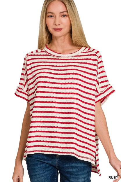 Stripe Jacquard round-neck tee from Zenana with a stylish pattern, featuring a casual fit and classic design for versatile wear.