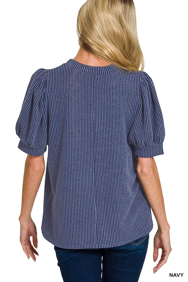 Zenana raised rib puff sleeve top in black with a fitted design and stylish puff sleeves, perfect for casual or dressy outfits.