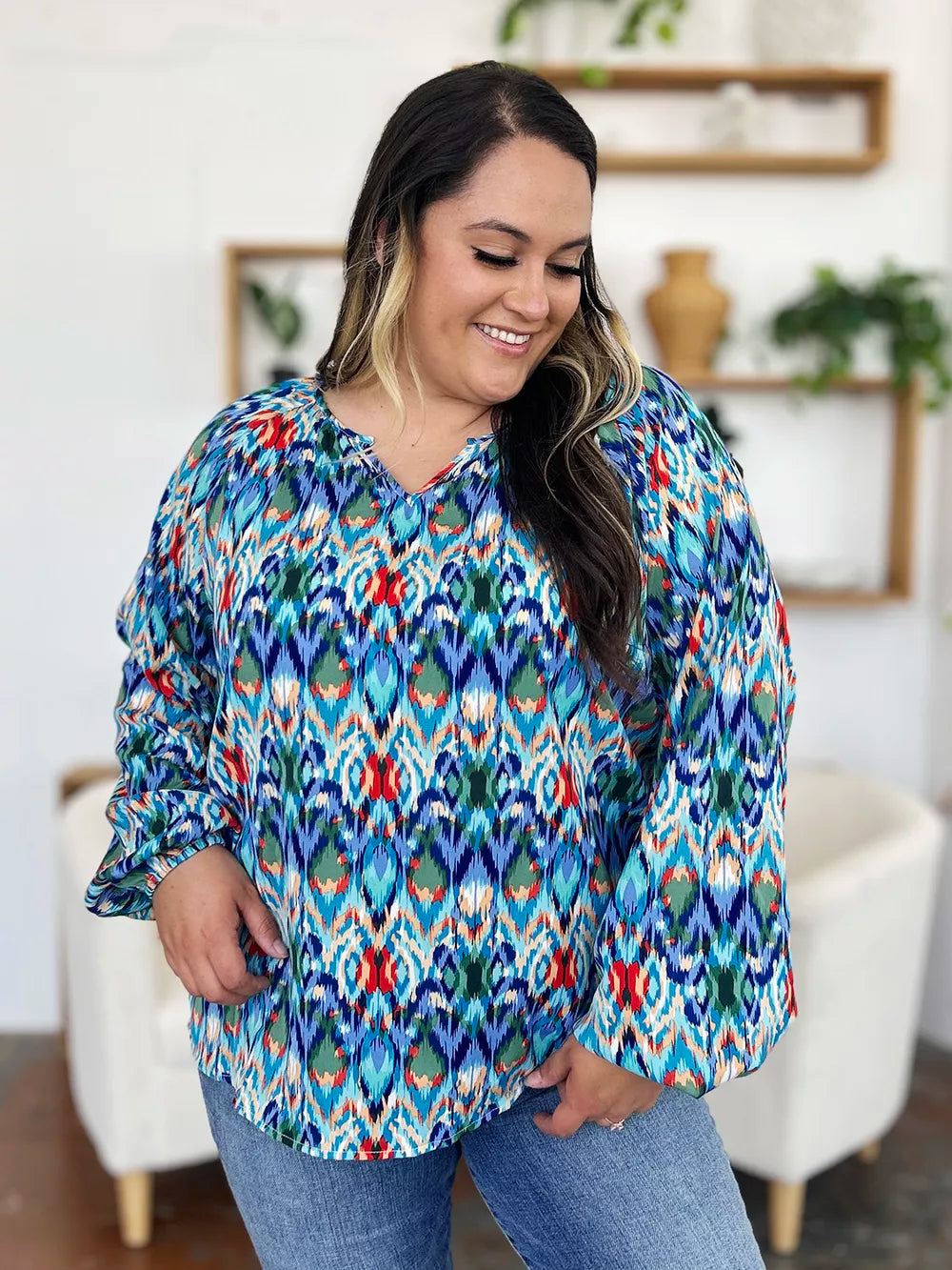 Printed balloon sleeve blouse by Trendsi featuring a double take design, full size, with stylish balloon sleeves and a classic fit.