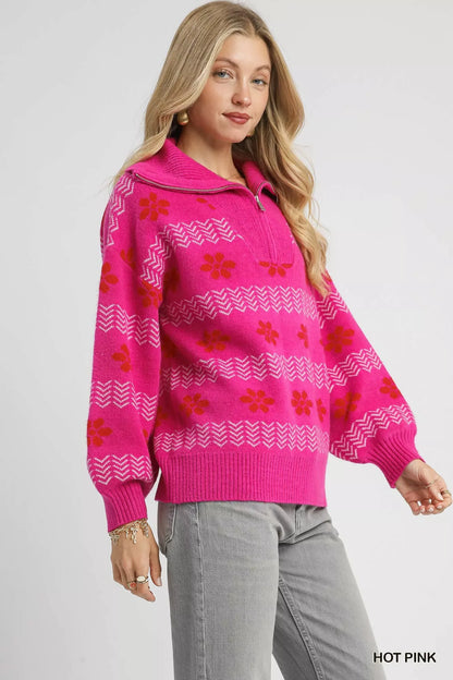 Umgee floral patterned jacquard quarter-zip pullover sweater, stylish and cozy, featuring intricate floral designs in vibrant colors.